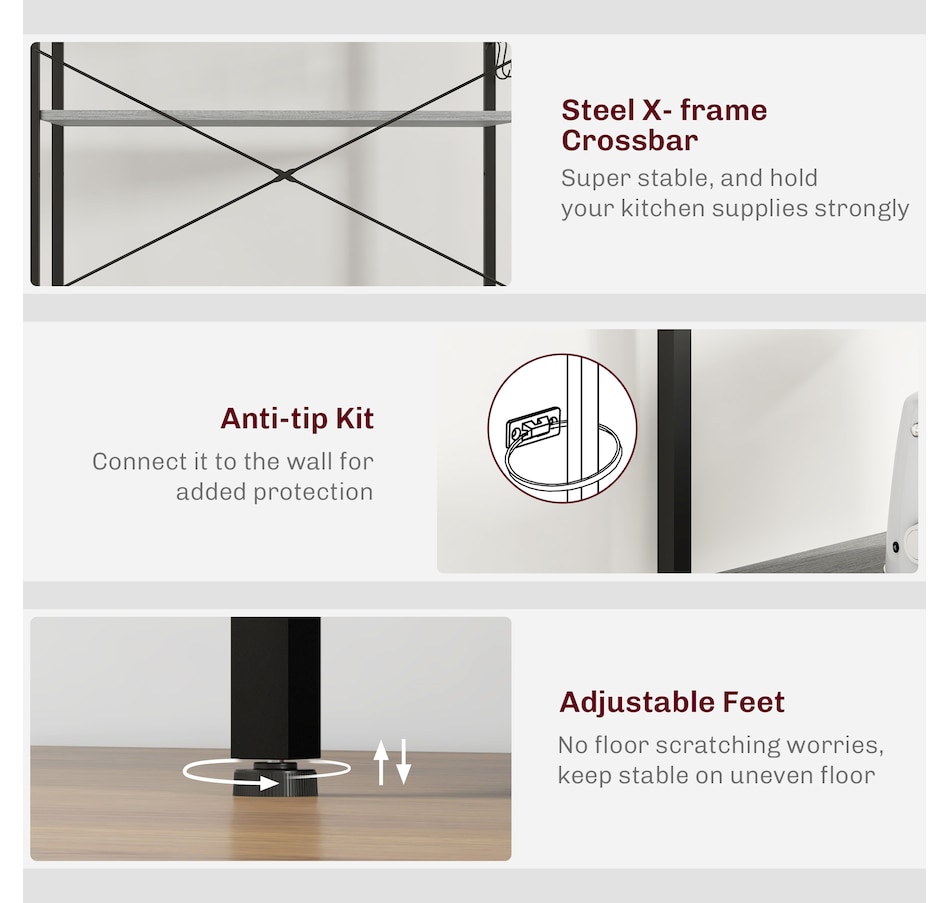 Image 997206_ALTMORE6.jpg, Product 997-206 / Price $96.99 - $104.99, HOMCOM Kitchen Bakers Rack with Power Outlet, Adjustable Shelves and Hooks from HOMCOM on TSC.ca's Home & Garden department