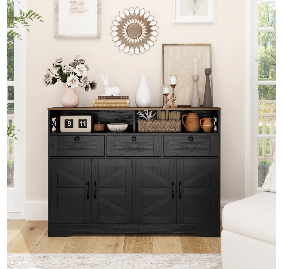 Image 997218_ALTMORE6.jpg, Product 997-218 / Price $239.99, HOMCOM Sideboard, Buffet Cabinet with 4 Barn Doors and 3 Drawers Black from HOMCOM on TSC.ca's Home & Garden department