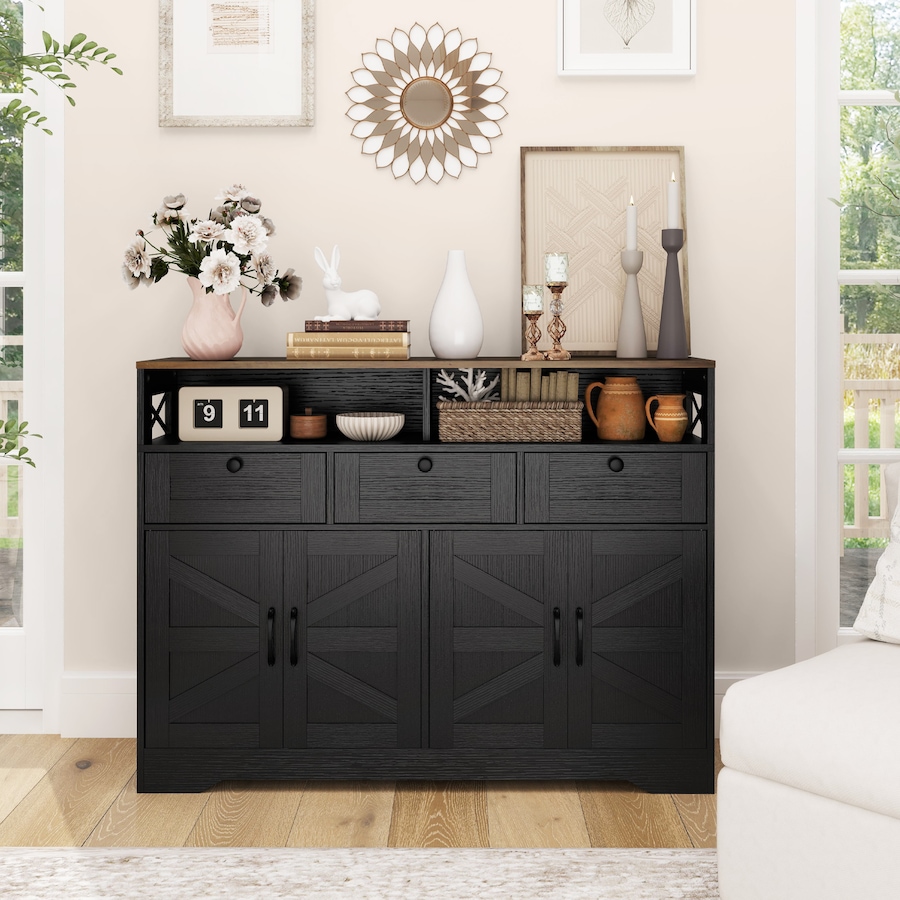 Image 997218_ALTMORE6.jpg, Product 997-218 / Price $249.99, HOMCOM Sideboard, Buffet Cabinet with 4 Barn Doors and 3 Drawers Black from HOMCOM on TSC.ca's Home & Garden department