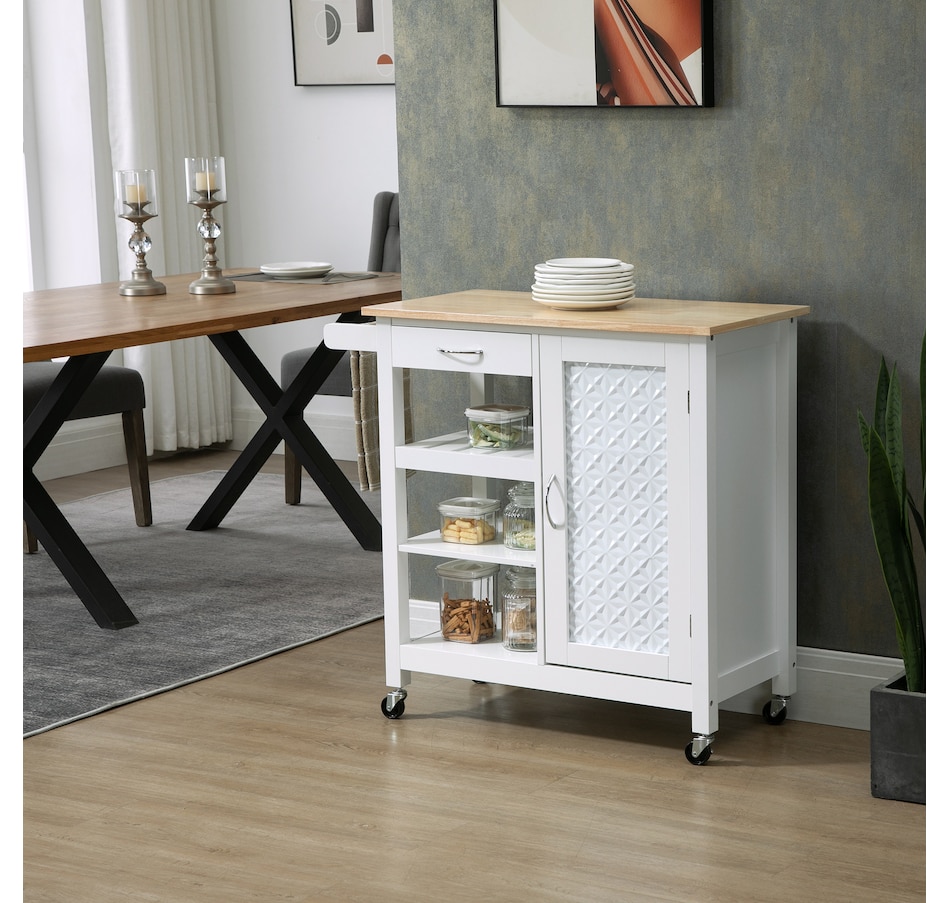 Image 997223_ALTMORE1.jpg, Product 997-223 / Price $144.99, HOMCOM Kitchen Cart on Wheels with Embossed Door Panel, Drawer, White from HOMCOM on TSC.ca's Home & Garden department