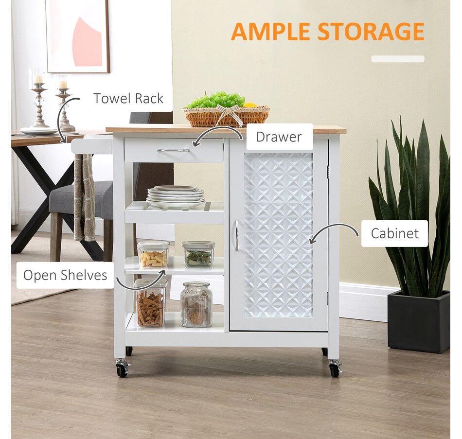 Image 997223_ALTMORE3.jpg, Product 997-223 / Price $144.99, HOMCOM Kitchen Cart on Wheels with Embossed Door Panel, Drawer, White from HOMCOM on TSC.ca's Home & Garden department