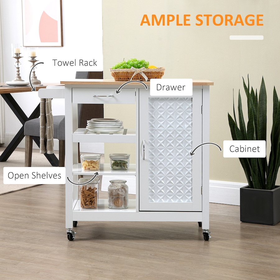 Image 997223_ALTMORE3.jpg, Product 997-223 / Price $144.99, HOMCOM Kitchen Cart on Wheels with Embossed Door Panel, Drawer, White from HOMCOM on TSC.ca's Home & Garden department