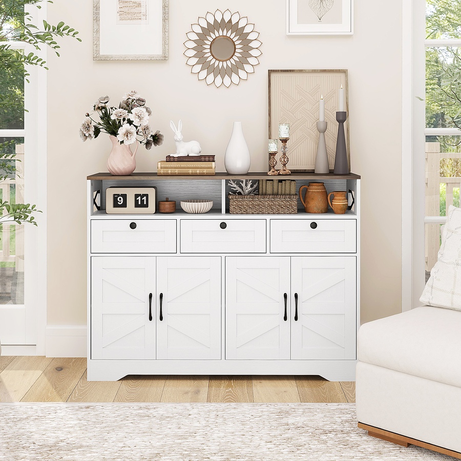 Image 997231_ALTMORE7.jpg, Product 997-231 / Price $229.99, HOMCOM Sideboard, Buffet Cabinet with 4 Barn Doors and 3 Drawers White from HOMCOM on TSC.ca's Home & Garden department