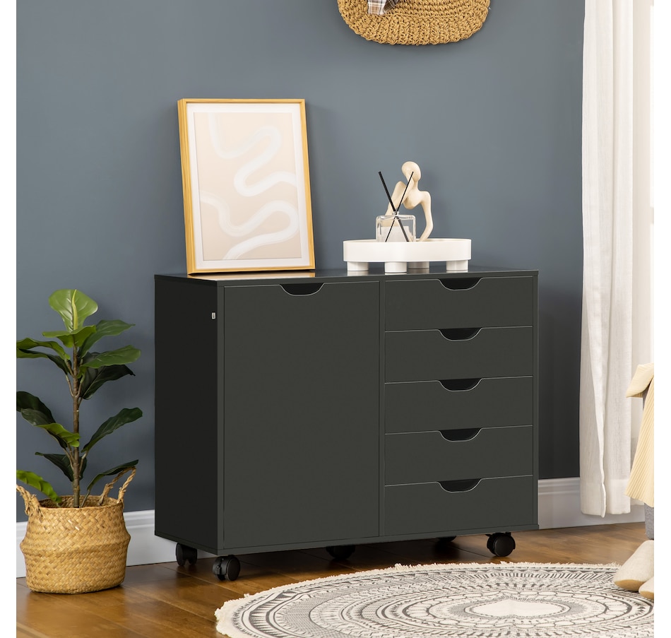 Image 997308_ALTMORE1.jpg, Product 997-308 / Price $179.99, HOMCOM Modern Mobile 5-Drawer Chest with Door, Office Storage Cabinet Black from HOMCOM on TSC.ca's Home & Garden department