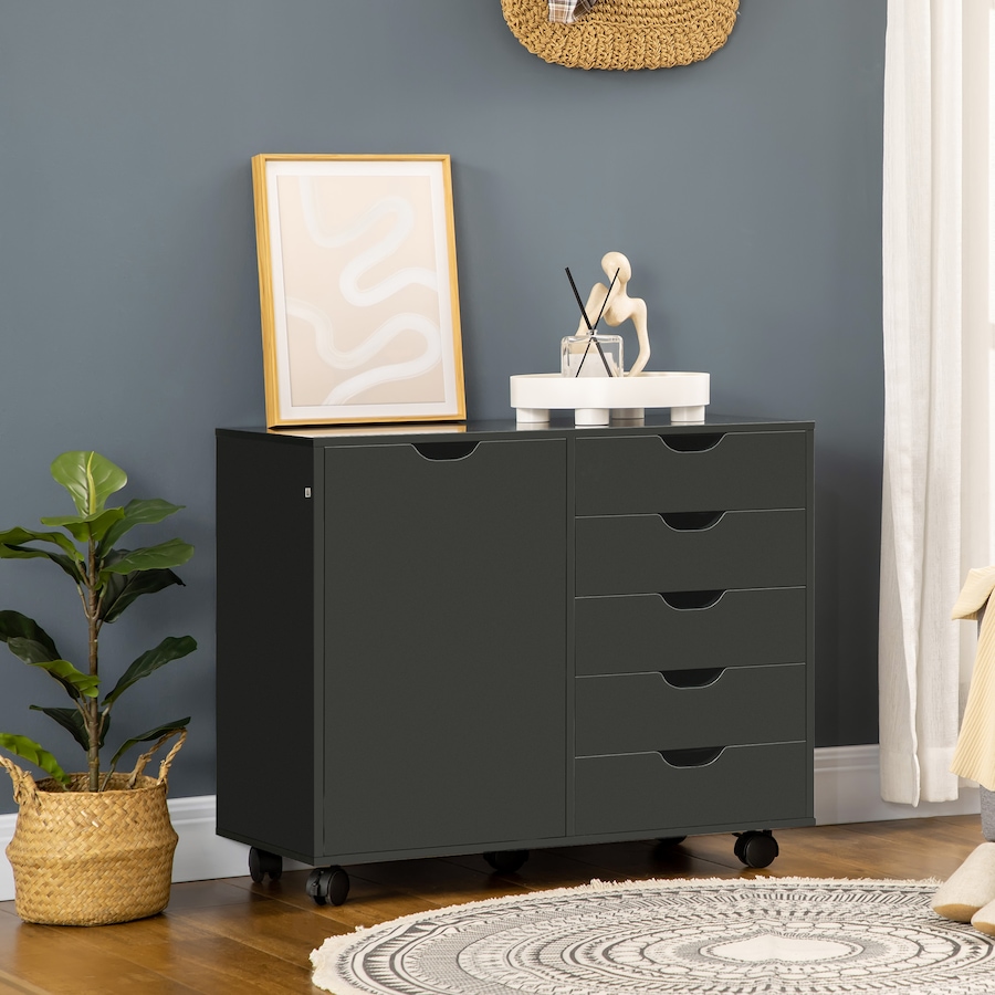Image 997308_ALTMORE1.jpg, Product 997-308 / Price $159.99, HOMCOM Modern Mobile 5-Drawer Chest with Door, Office Storage Cabinet Black from HOMCOM on TSC.ca's Home & Garden department