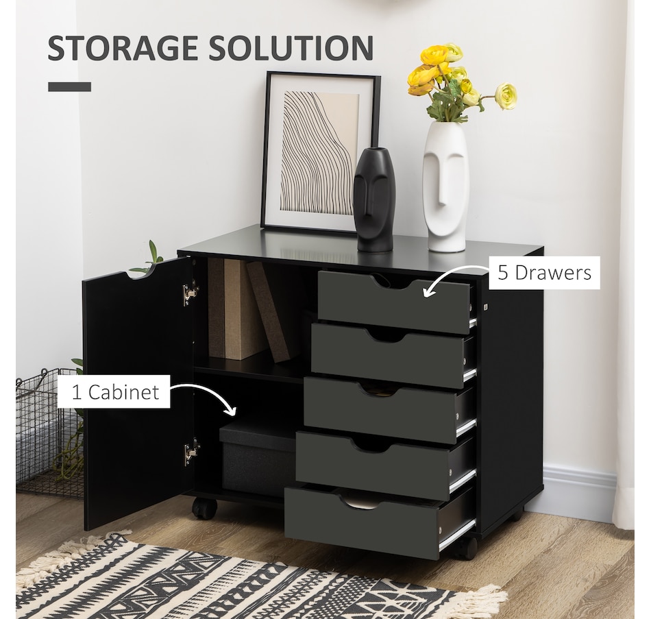 Image 997308_ALTMORE3.jpg, Product 997-308 / Price $179.99, HOMCOM Modern Mobile 5-Drawer Chest with Door, Office Storage Cabinet Black from HOMCOM on TSC.ca's Home & Garden department