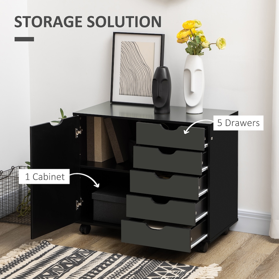 Image 997308_ALTMORE3.jpg, Product 997-308 / Price $159.99, HOMCOM Modern Mobile 5-Drawer Chest with Door, Office Storage Cabinet Black from HOMCOM on TSC.ca's Home & Garden department