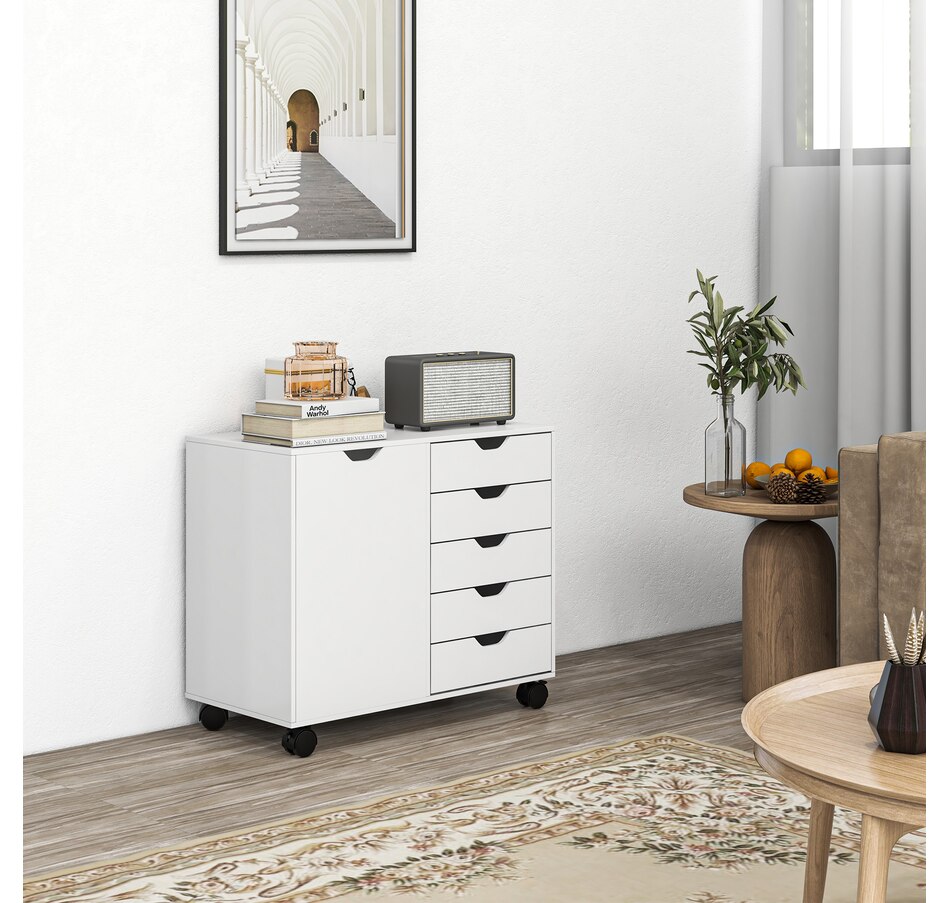 Image 997308_ALTMORE9.jpg, Product 997-308 / Price $179.99, HOMCOM Modern Mobile 5-Drawer Chest with Door, Office Storage Cabinet Black from HOMCOM on TSC.ca's Home & Garden department