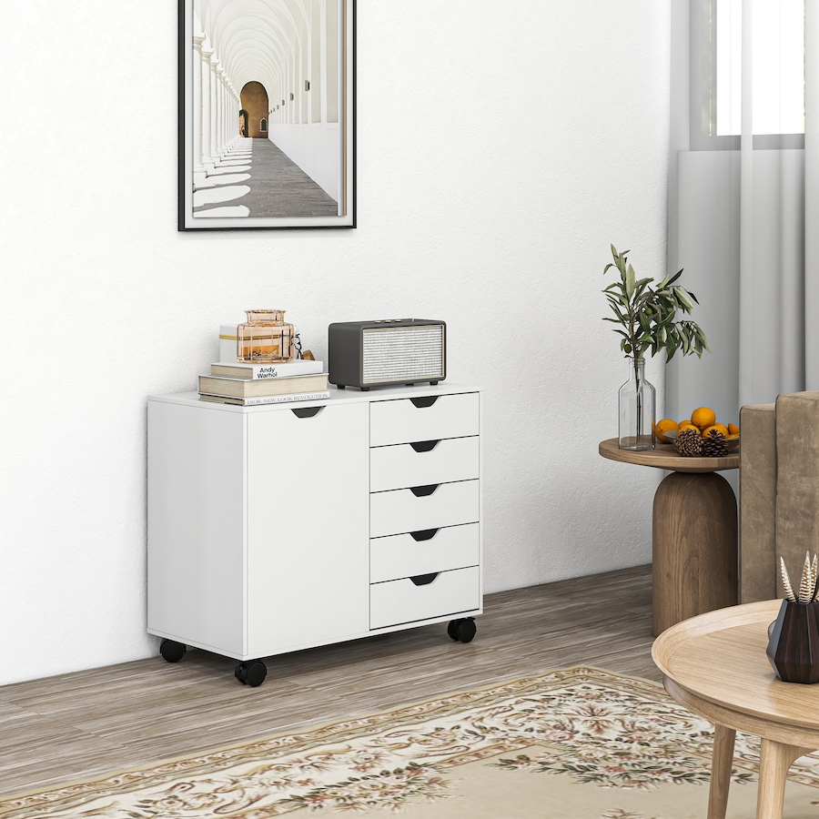 Image 997308_ALTMORE9.jpg, Product 997-308 / Price $159.99, HOMCOM Modern Mobile 5-Drawer Chest with Door, Office Storage Cabinet Black from HOMCOM on TSC.ca's Home & Garden department