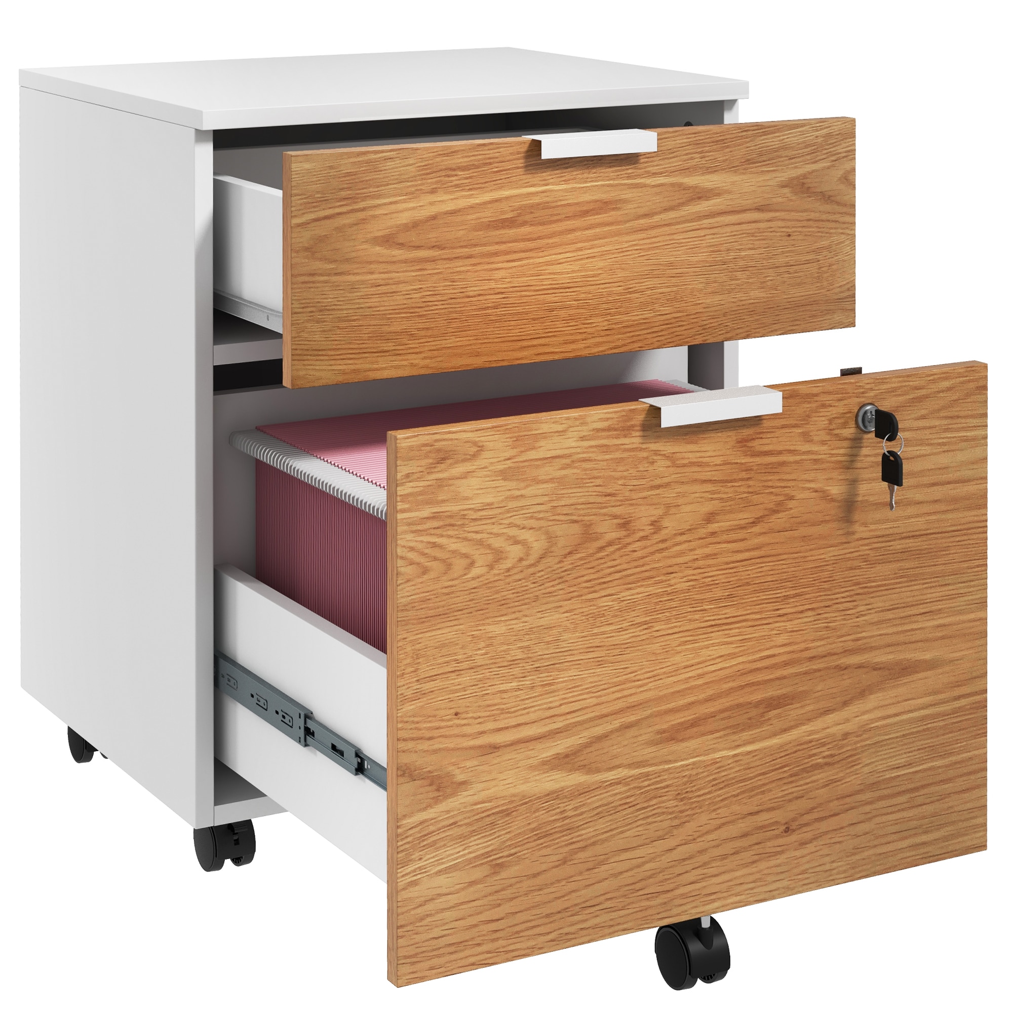 HOMCOM 2 Drawer File Cabinet with Lock Wheels Hanging Bars Nature