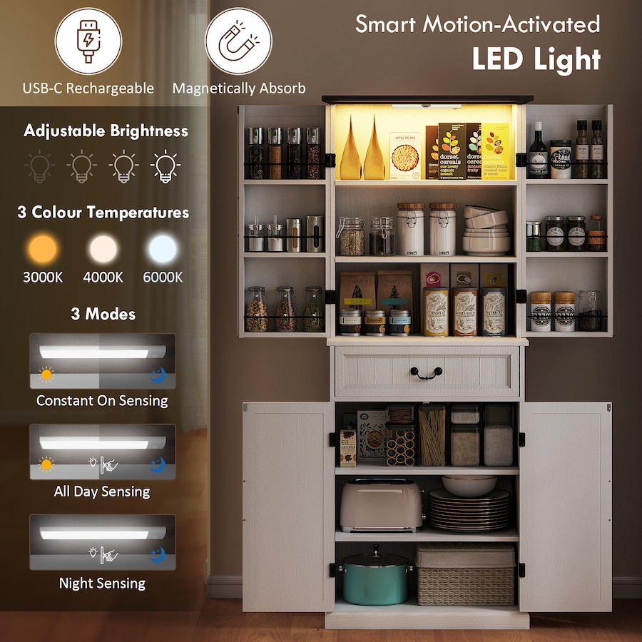 Image 997340_ALTMORE3.jpg, Product 997-340 / Price $281.29, HOMCOM Farmhouse Kitchen Pantry Cabinet with Light, Storage Cabinet from HOMCOM on TSC.ca's Home & Garden department
