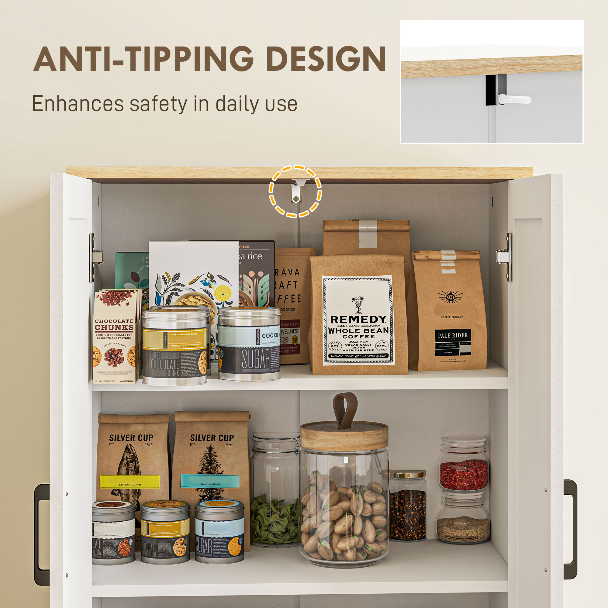 HOMCOM Kitchen Pantry with 4 Rattan Doors and Adjustable Shelves