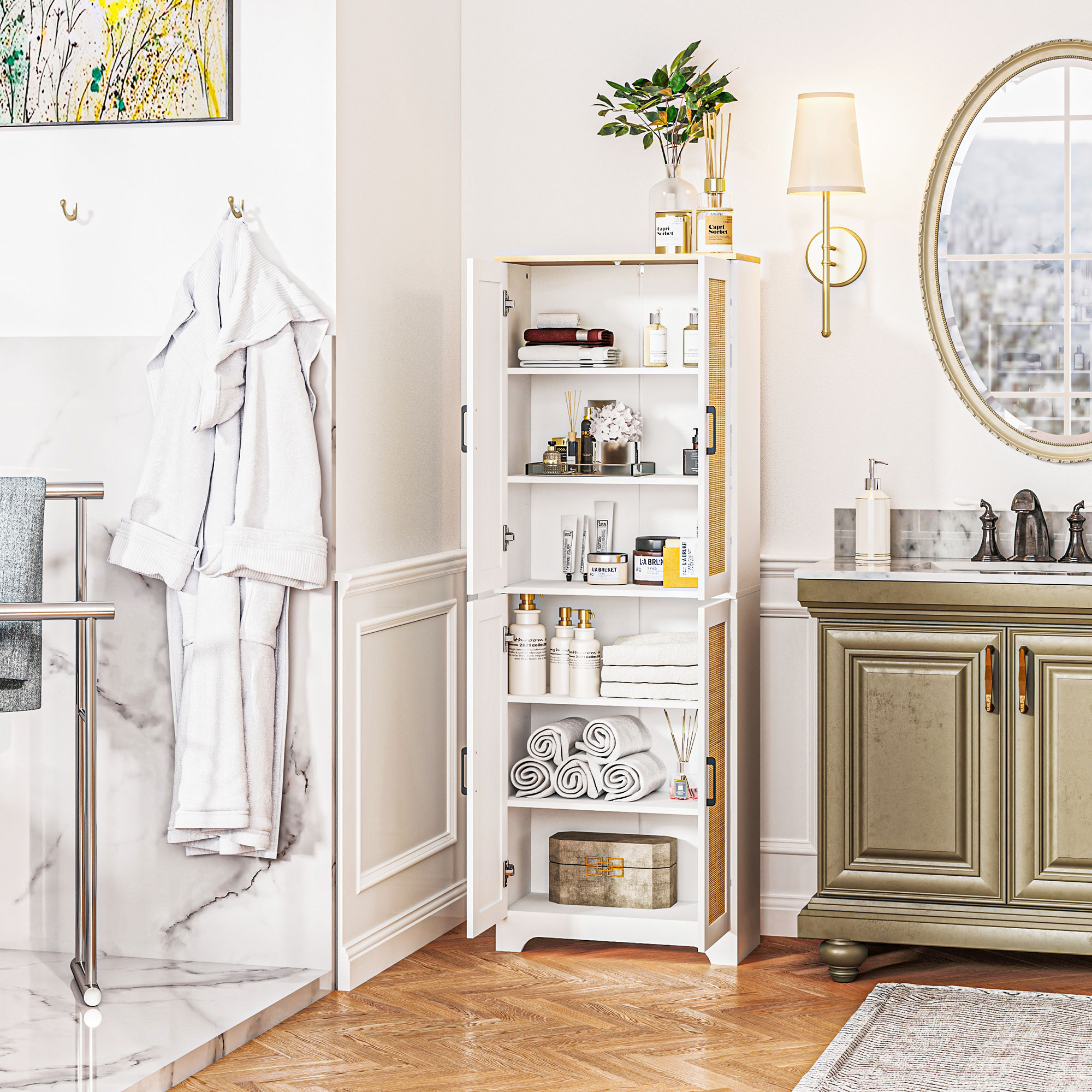HOMCOM Kitchen Pantry with 4 Rattan Doors and Adjustable Shelves