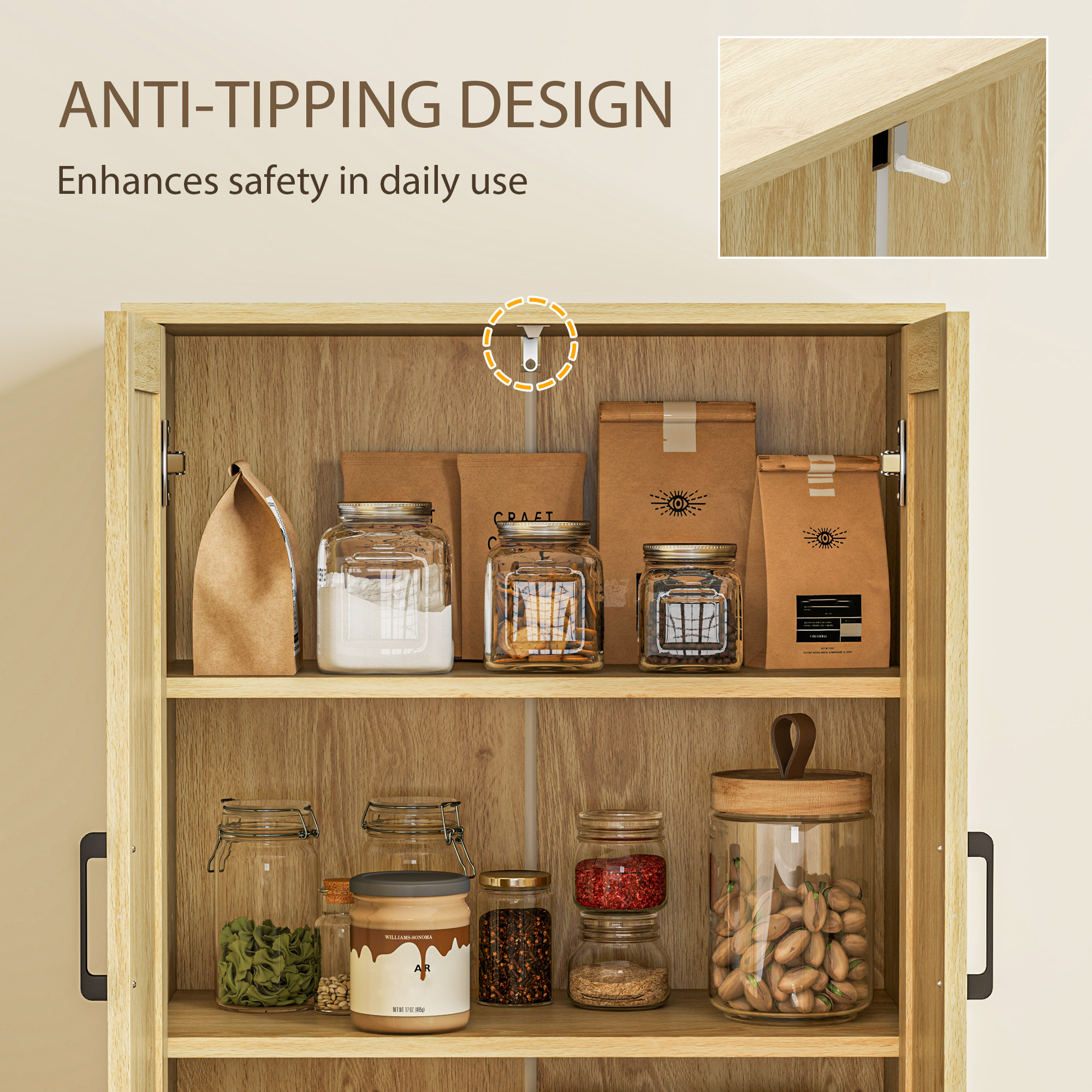 HOMCOM Kitchen Pantry with 4 Rattan Doors and Adjustable Shelves