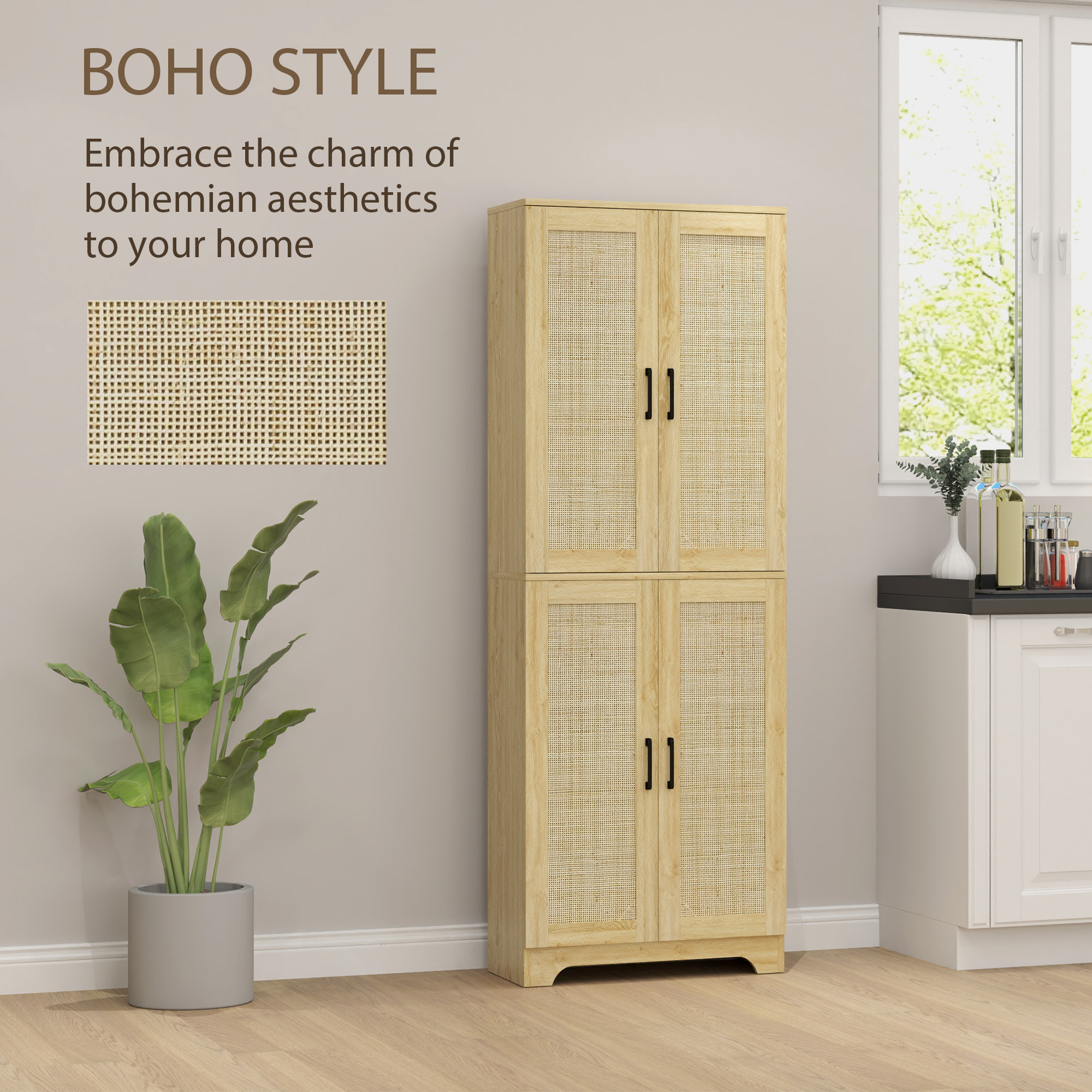 HOMCOM Kitchen Pantry with 4 Rattan Doors and Adjustable Shelves
