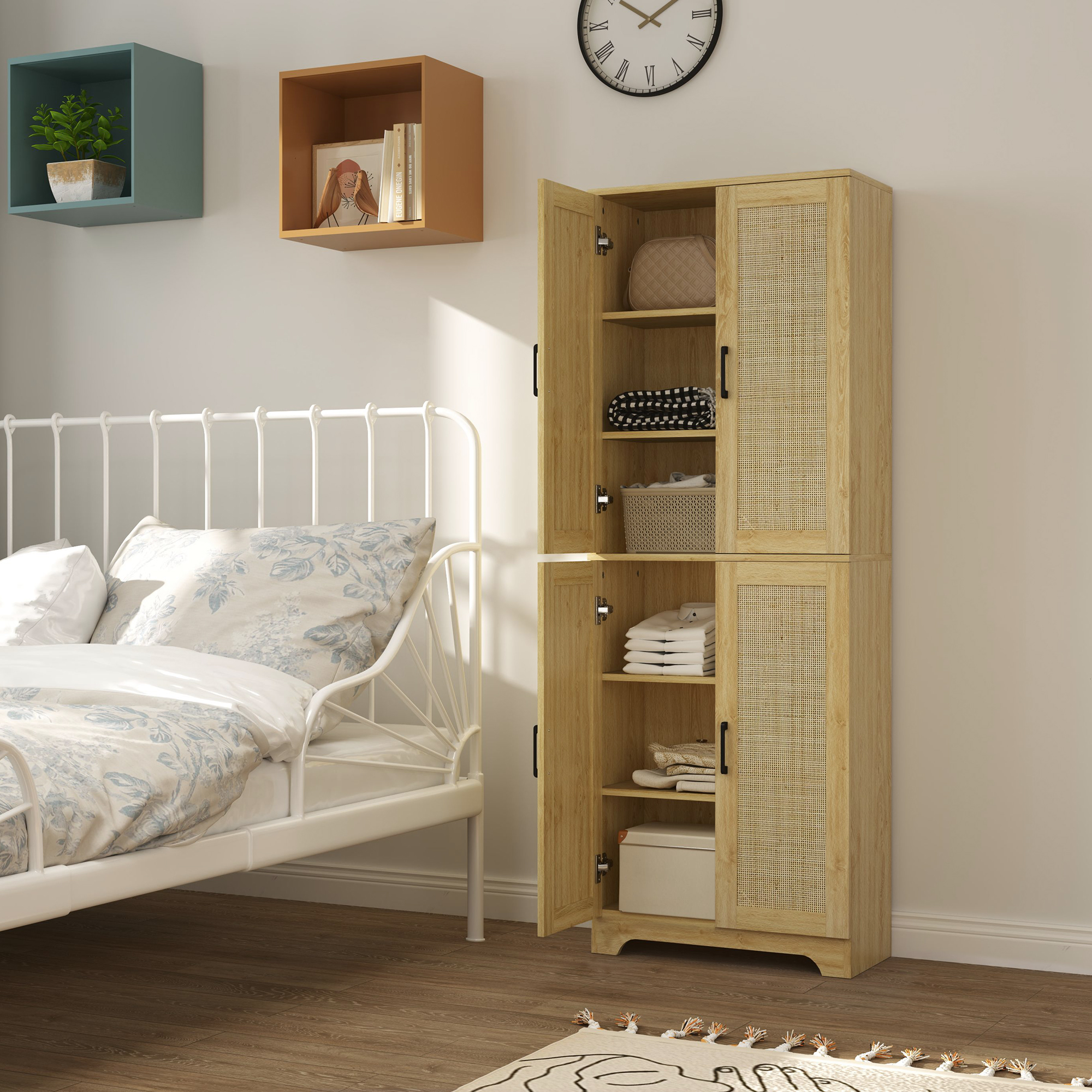 HOMCOM Kitchen Pantry with 4 Rattan Doors and Adjustable Shelves