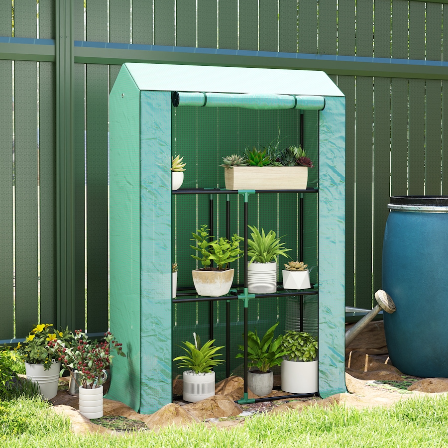 Image 997442_ALTMORE1.jpg, Product 997-442 / Price $55.99, Outsunny Mini Greenhouse with 3 Tier Shelves, Roll-Up Door, Green from Outsunny on TSC.ca's Home & Garden department