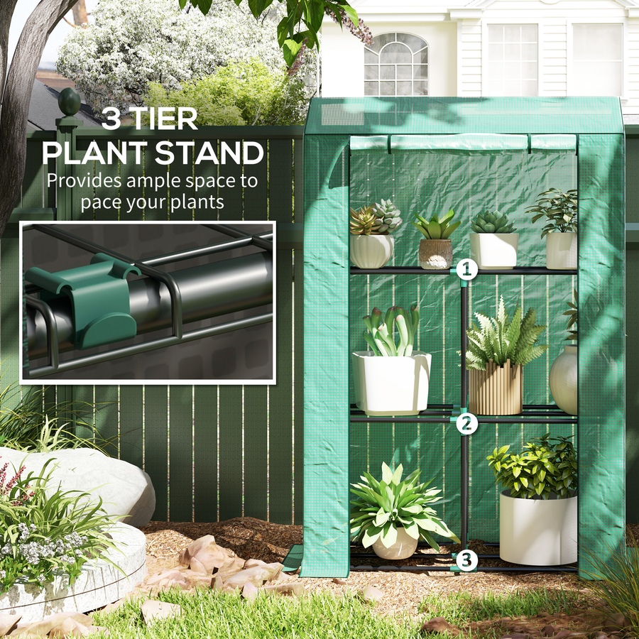 Image 997442_ALTMORE4.jpg, Product 997-442 / Price $55.99, Outsunny Mini Greenhouse with 3 Tier Shelves, Roll-Up Door, Green from Outsunny on TSC.ca's Home & Garden department
