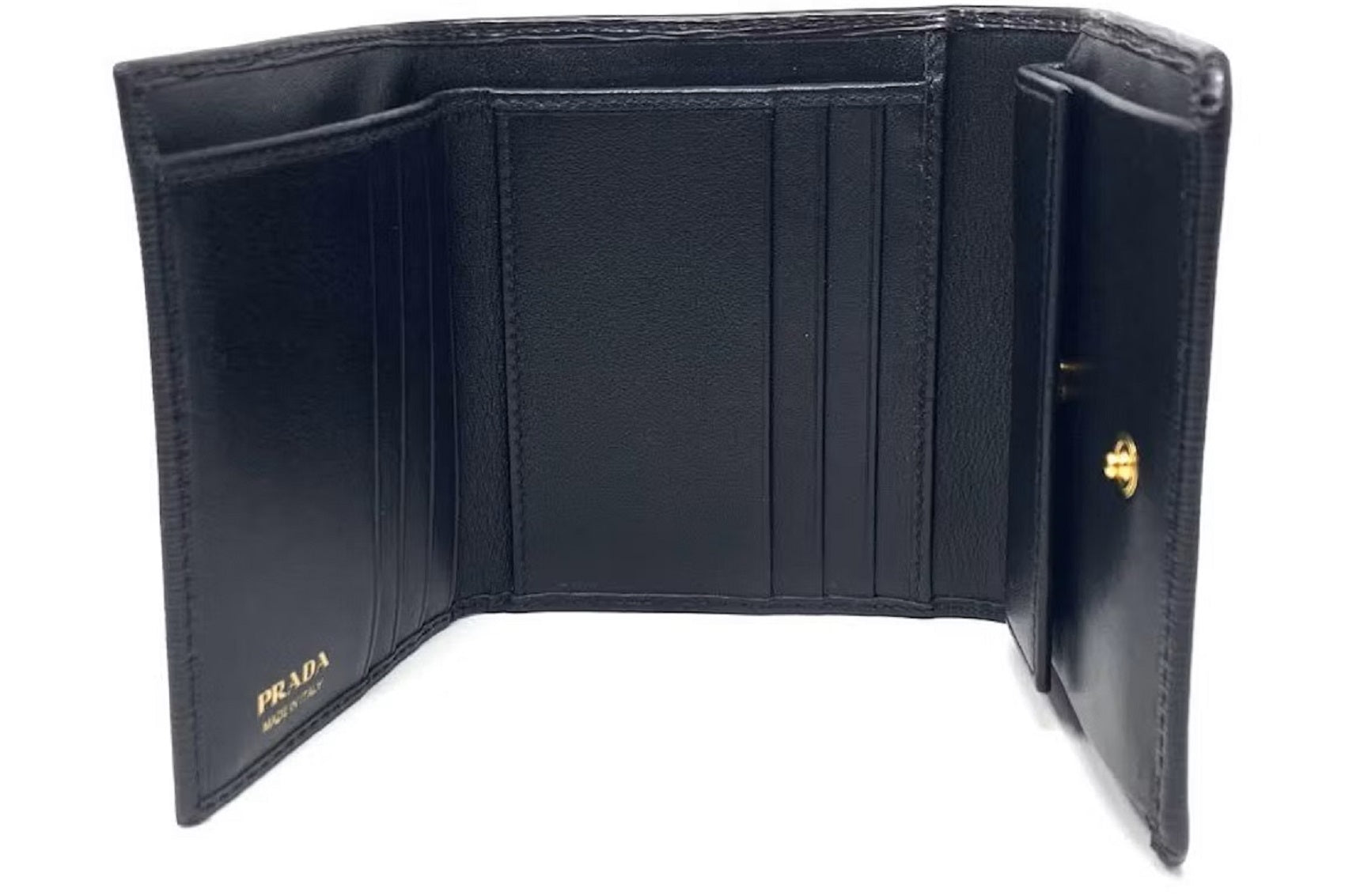 Prada Vitello Move Trifold Compact Wallet Black Leather Triangle