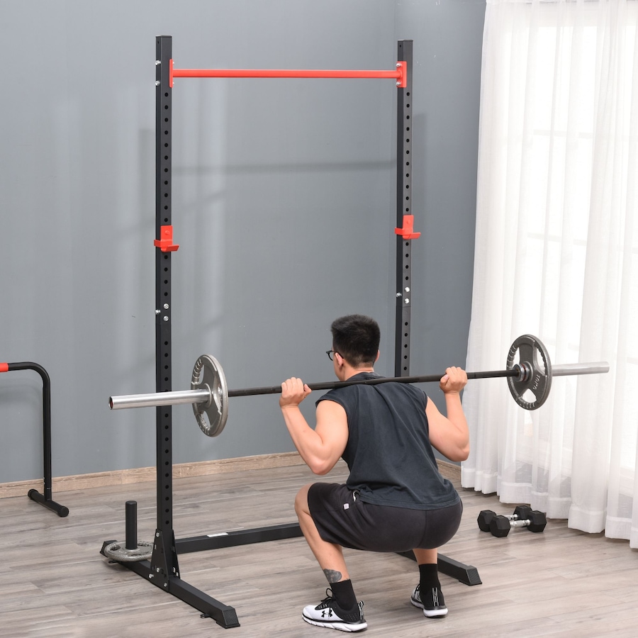 Image 997683_ALTMORE1.jpg, Product 997-683 / Price $125.99, Soozier Adjustable Barbell Power Rack Squat Stand Strength Training Fitness Pull Up Weight Cage Home Gym Black from Soozier on TSC.ca's Health & Fitness department