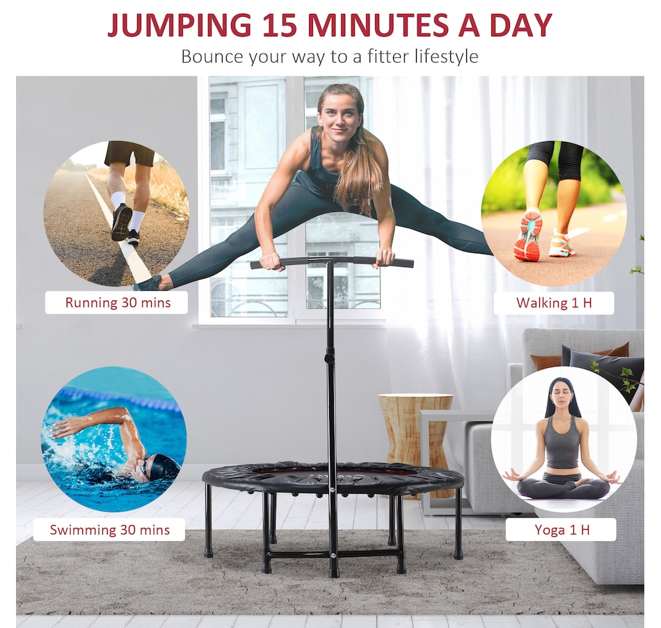 Image 997754_ALTMORE3.jpg, Product 997-754 / Price $66.99, Soozier 39" Mini Exercise Trampoline Indoor Fitness Rebounder w/ Adjustable T-Bar Black from Soozier on TSC.ca's Health & Fitness department