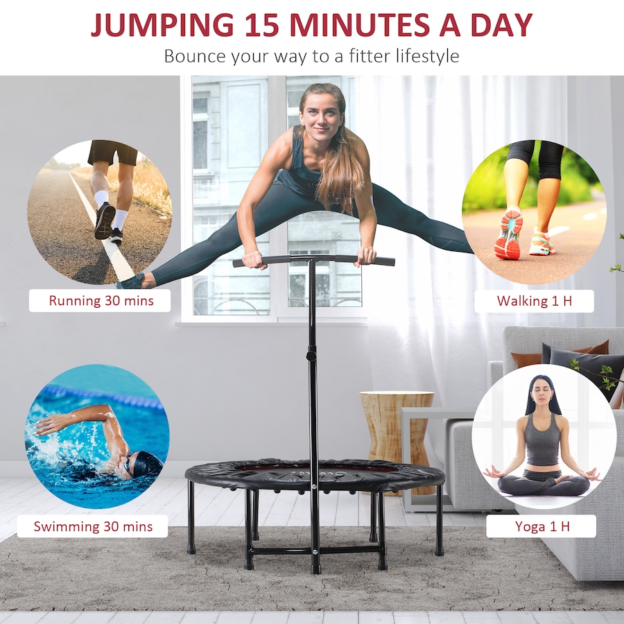 Image 997754_ALTMORE3.jpg, Product 997-754 / Price $79.99, Soozier 39" Mini Exercise Trampoline Indoor Fitness Rebounder w/ Adjustable T-Bar Black from Soozier on TSC.ca's Health & Fitness department