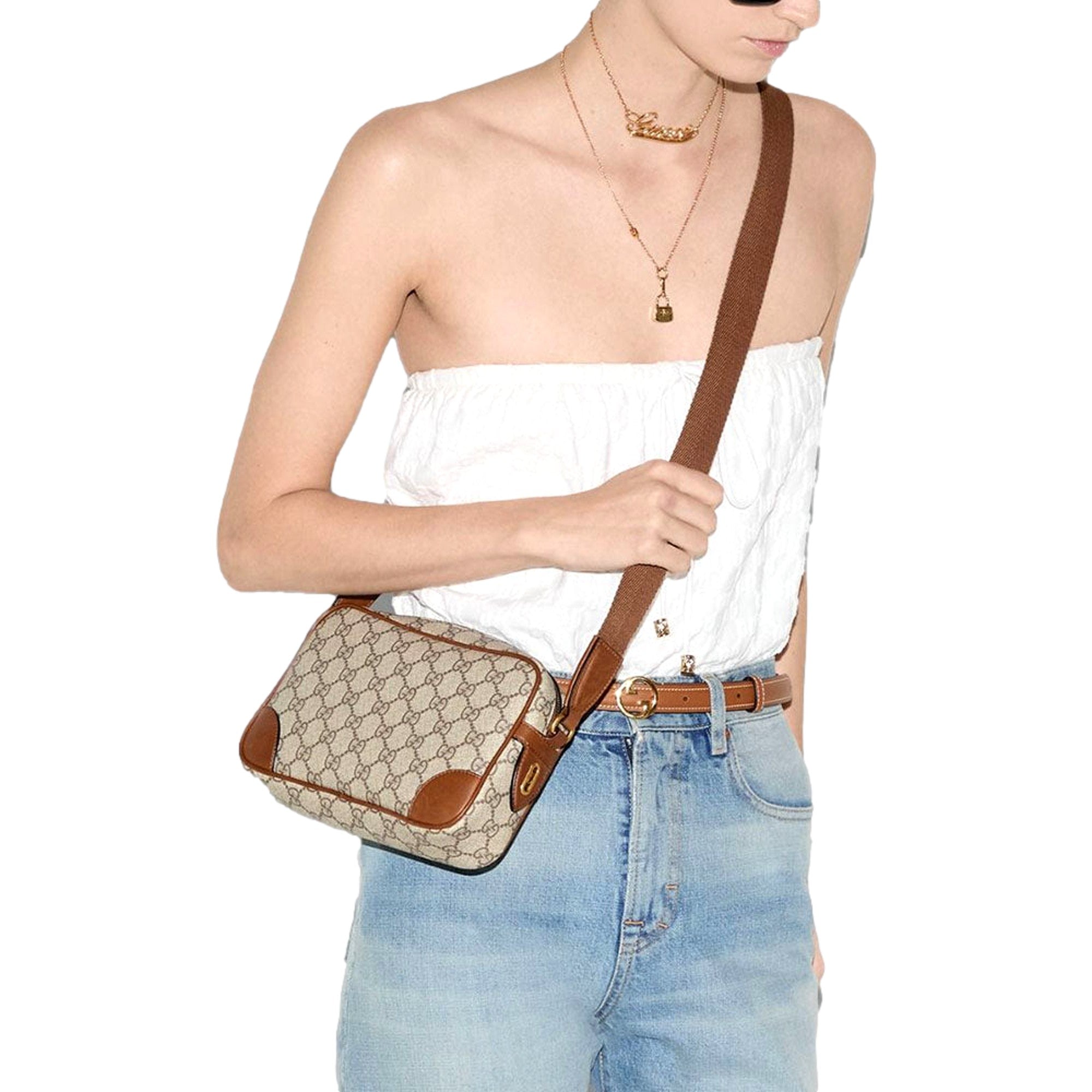 Gucci GG Supreme Canvas Brown Leather Camera Bag Crossbody - TSC.ca